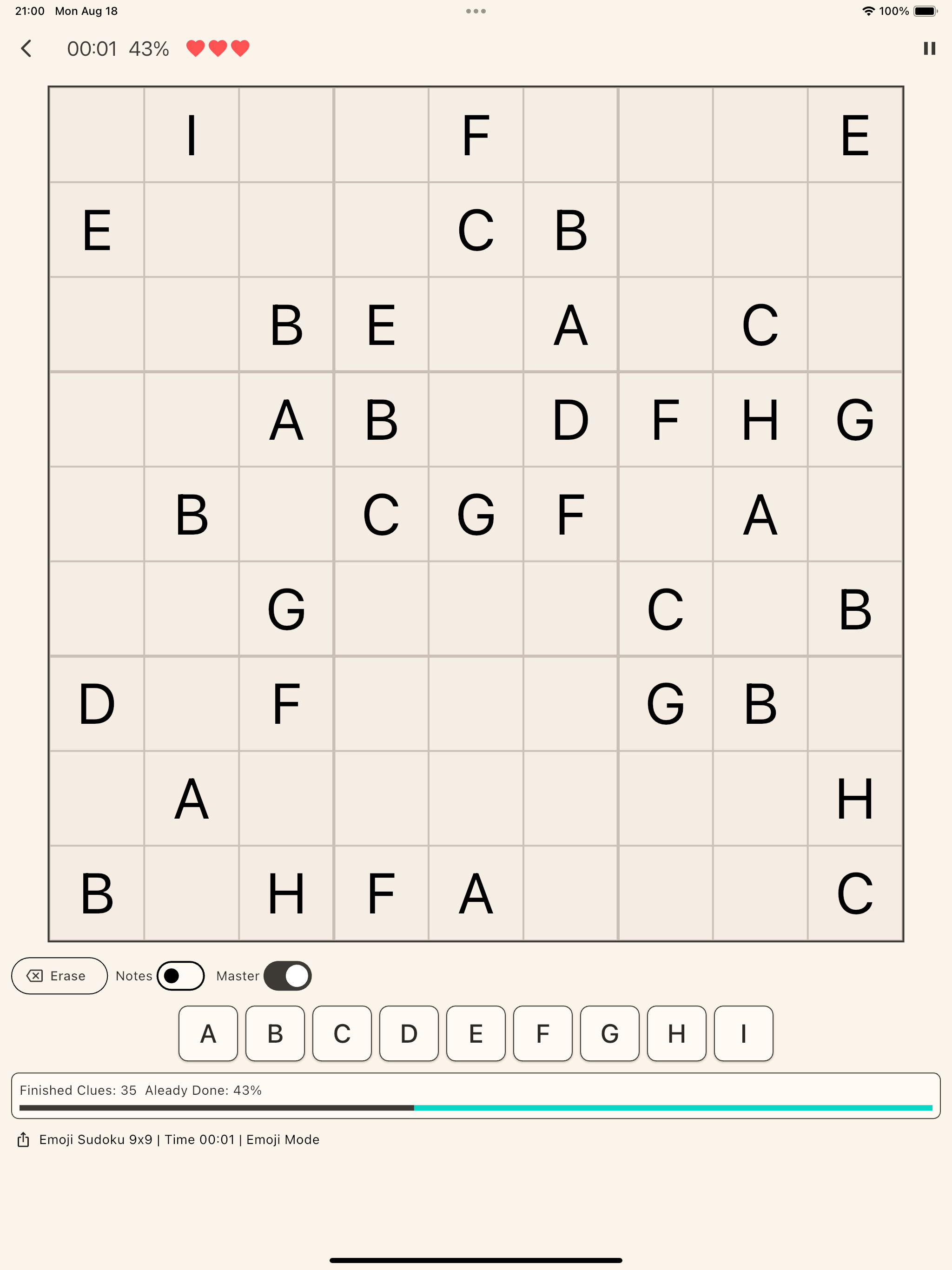 9x9 Sudoku game sample with letters